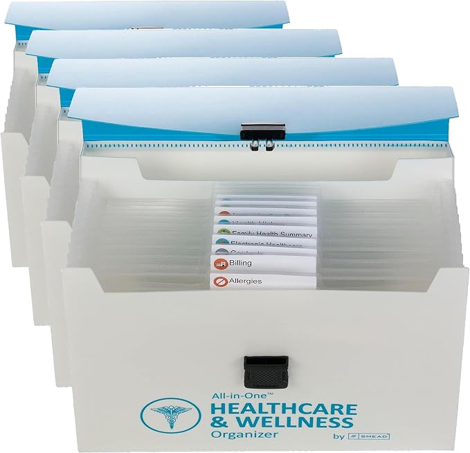 Smead All-in-One Healthcare & Wellness Organizer, 13 Pockets, Letter Size, Latch Closure, Poly White/Teal (92012) (Pack of 4)