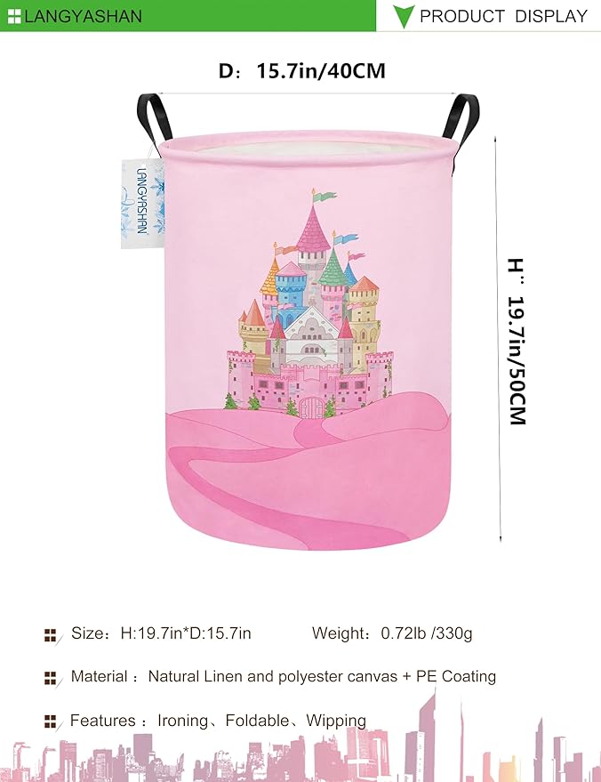 LANGYASHAN Storage Bin, Canvas Fabric Collapsible Organizer Basket for Laundry Hamper,Toy Bins,Gift Baskets, Bedroom, Clothes,Baby Nursery (Round Castle)