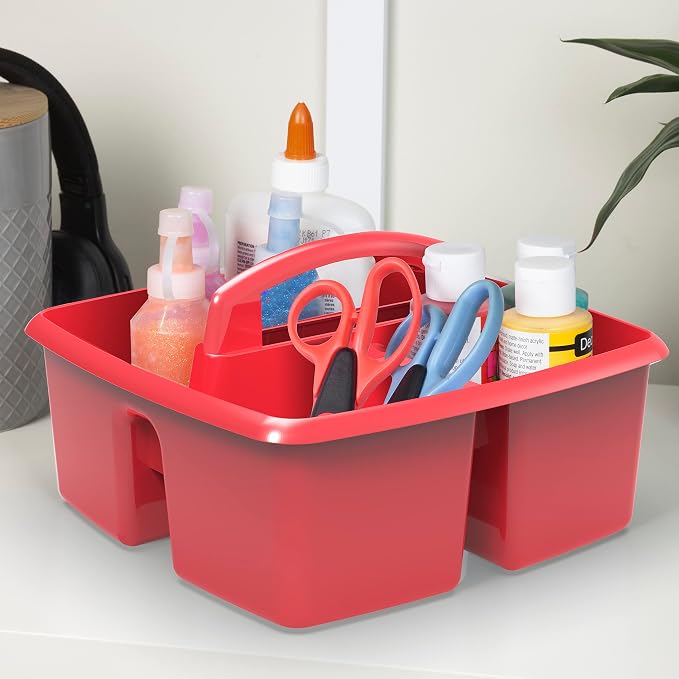 Storex 3-Compartment Small Caddy – Multipurpose Classroom Organizer with Handle, Crimson, 6-Pack (00949A06C)