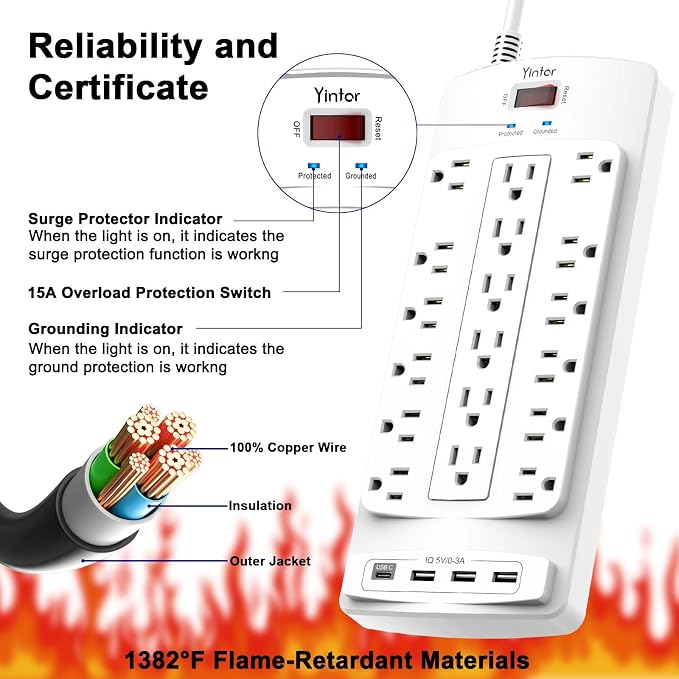 Surge Protector Power Strip, Yintar 6 Feet Flat Plug Heavy Duty Extension Cord with 18 Widely Outlets and 4 USB Ports, 2100 Joules, ETL Listed, White