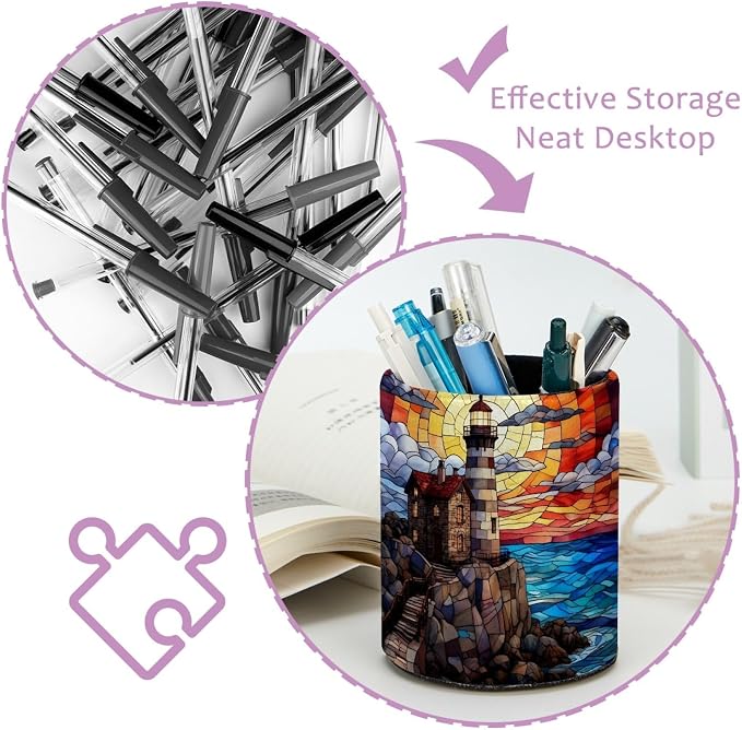 Stained Glass Lighthouse Pattern Pen Holder Pencil Organizer for Desk, 3.1” x 3.1” x 3.9” Pencil Cup Office Supplies, Large Capacity Cute Pen and Makeup Brush Holder for Desktop, Home, School