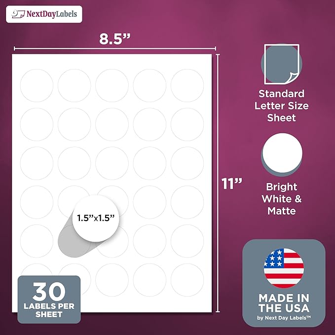 NextDayLabels 1.5 Inch Round Circle Stickers White Blank Labels for Laser Inkjet Printer - 30 Per Sheet Self-Adhesive Jar Candle Product Made in USA - 1500 Labels