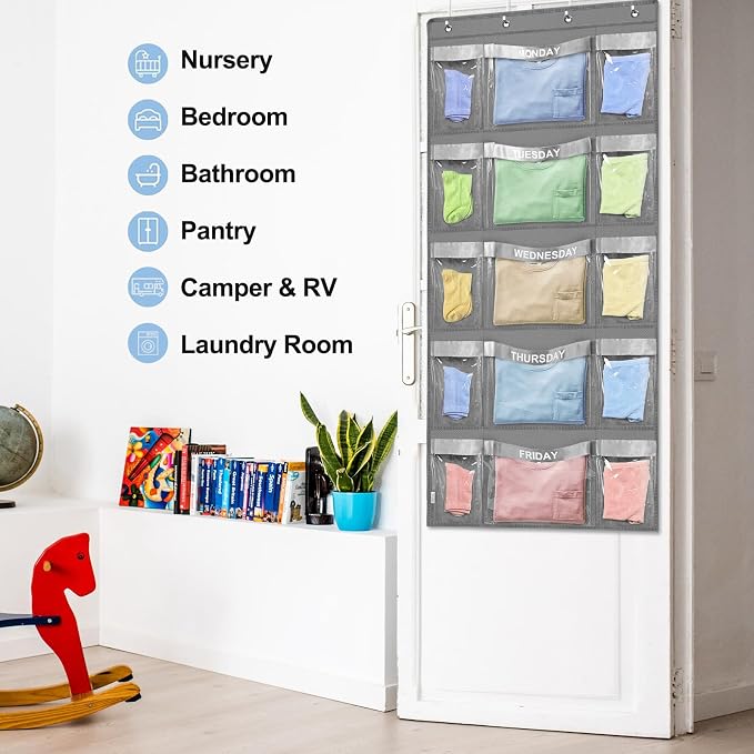 Weekly Hanging Closet Organizer for Kids,Day of Week Kids Clothes Organizer,School Clothing Storage Monday to Friday Hanging Closet Organizer Shelves for Bedroom,Bathroom,Dorm (Grey)