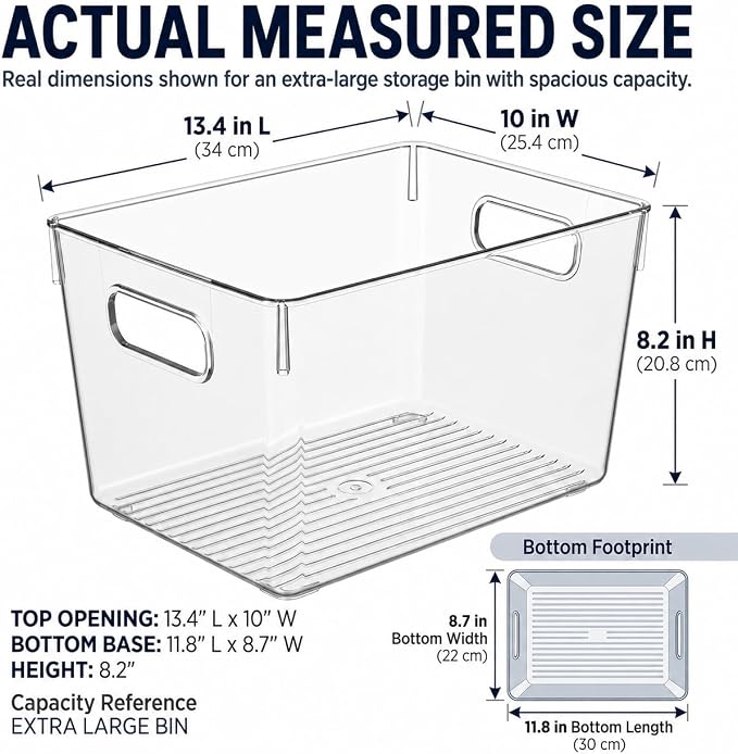 MOONEDGE 4 Pack Extra Large Clear Plastic Storage Bins 13x10x8in Organizers | 16QT Each, Pantry Organizers and Storage, Cabinet Storage, Bathroom, Closet, Under-Sink, Kitchen Shelves, Side Handles, Home