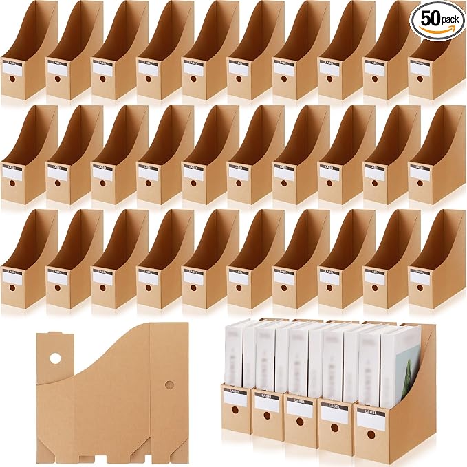 Geyee 50 Pcs Cardboard Magazine Holder Magazine File Holder Magazine Storage Box Document Magazine File Organizer with 50 Pcs Labels for School Office Home Supplies, Brown