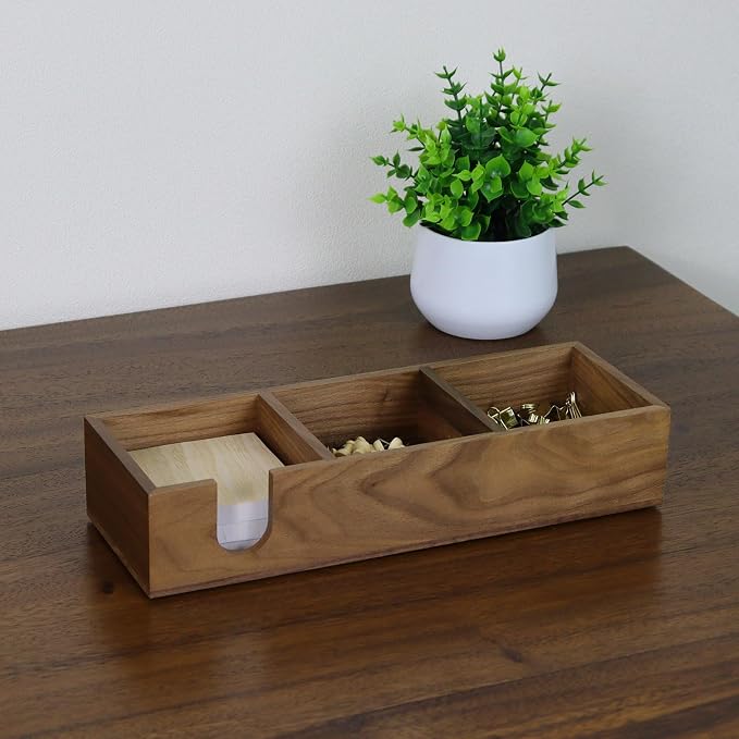 Buqoo Walnut Wooden Sticky Note Holder | 12" x 4.3" x 2.4" Self Stick Note Pads Holder Memo Pad Dispenser for School N Home Office Supplies