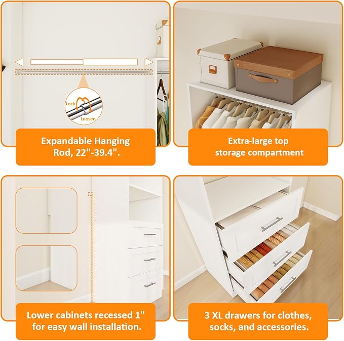 Closet System with Wooden Drawers, 8FT Closet Organize System with Drawers & Hanging Rods &for Walk in Closets, 4PCS*24" Freestanding Closet System, White(8FT)