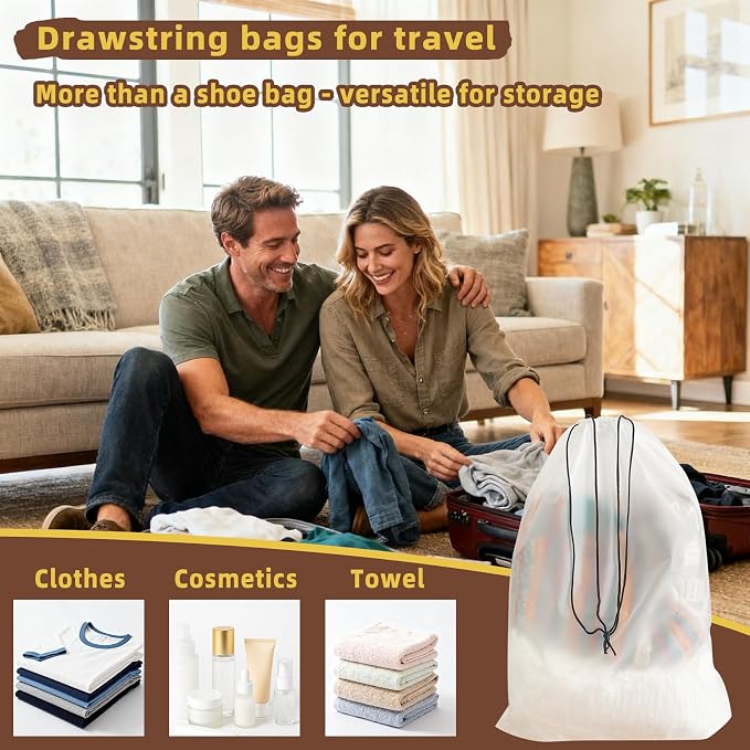 6 PCS Clear Shoe Bags for Travel, 11.8" x 15.7" Travel Shoe Bags for Storage and Packing, Waterproof Drawstring Shoe Bag for Traveling, Travel Essentials for Women and Men