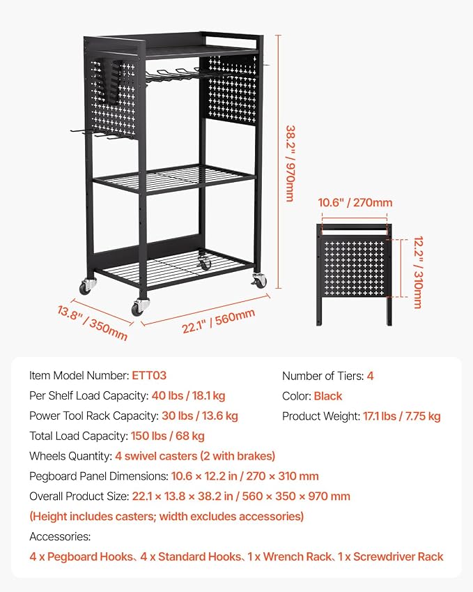VEVOR 4-Tier Tool Organizer Cart, 150 lbs Load Capacity, Floor Stand Rolling Drill Holder and Stability Storage Rack, Heavy Duty Garage Floor Rolling Storage Cart for Workshop, Garage, Black