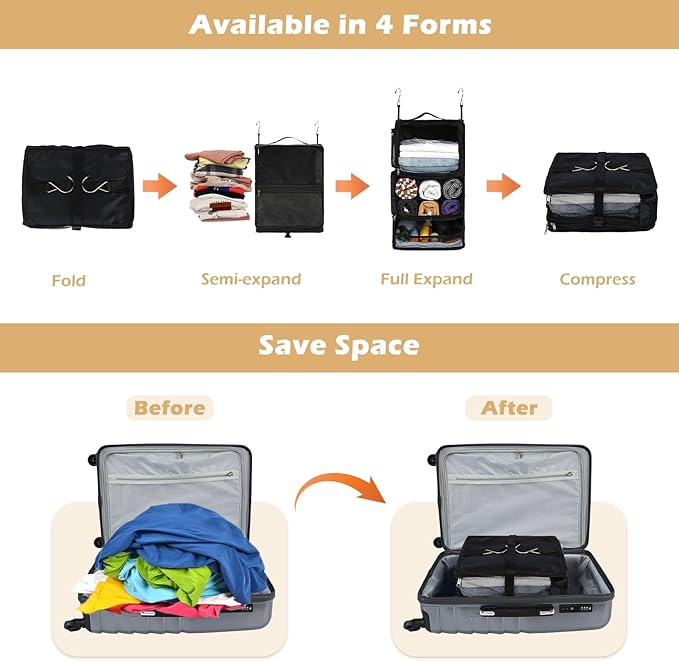 Surblue Hanging Shelves Travel Storage Bag Compression Packing Cube for Suitcase Collapsible with Extension Layer Large Capacity, Black,XL