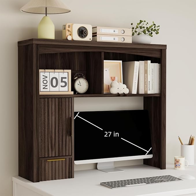 Desktop Shelf, Wooden Desk Hutch with Storage, Desktop Bookshelf with Cabinet and Drawer, Office Desk Organizer, Space-Saving Organization, Over Desk Storage Shelves for Home, Dorm, Walnut