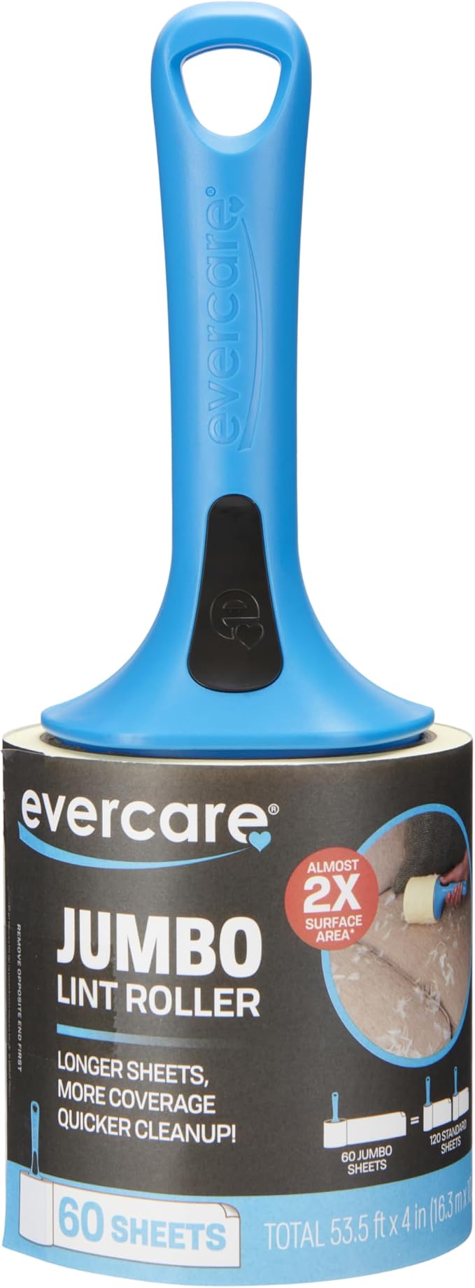Evercare Jumbo Lint Roller, 60‑Sheet Extra‑Large Adhesive Roller with Blue Handle for Pet Hair & Lint
