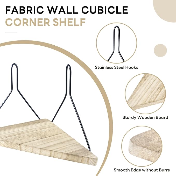 Fabric Wall Cubicle Corner Shelf with Hooks 11.8 Inch Wooden Triangular Cubicle Corner Shelf for Office Fabric Walls Display Storage Hanging Organizer for Work Decor Photo Frame