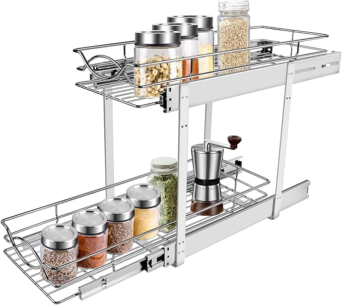 Sikarou Pull Out Cabinet Organizer 2-Tier Individual Slide Out Drawer Pantry Shelf Storage for Kitchen Base Cabinet Organization for Kitchen, Bathroom, Pantry, Chrome (2-Tie 7 * 21 in)
