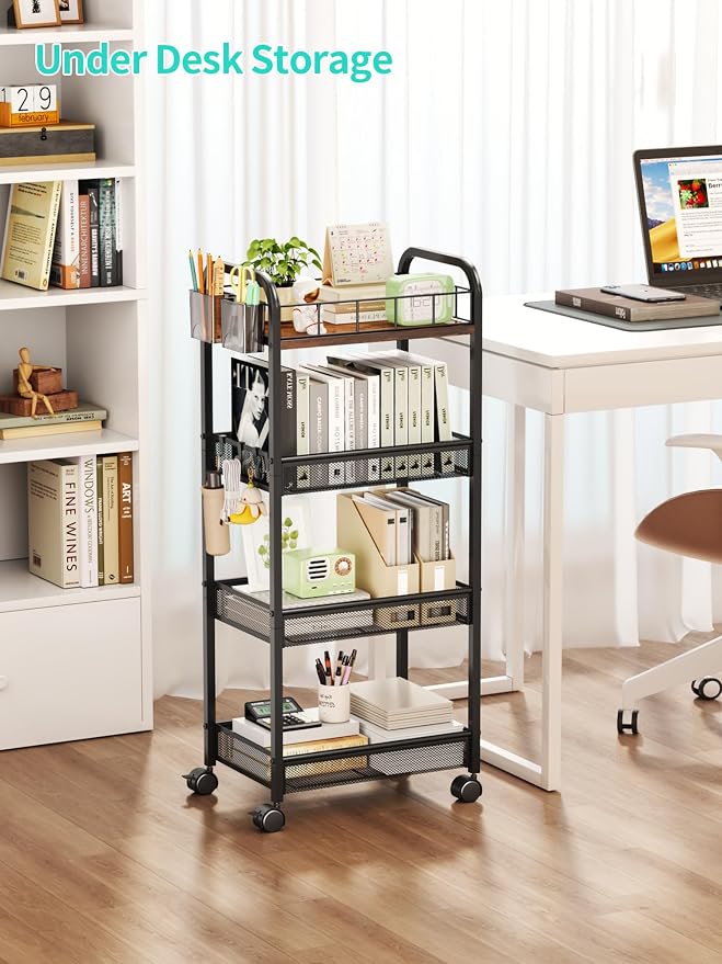 HapiRm 4 Tier Rolling Cart - Metal Utility Cart with Locking Wheels | Rolling Storage Cart Organizer with 2 Hanging Cup, 4 Hooks, Mesh Basket, Space-saver for Kitchen, Craft Art, Office, Bathroom