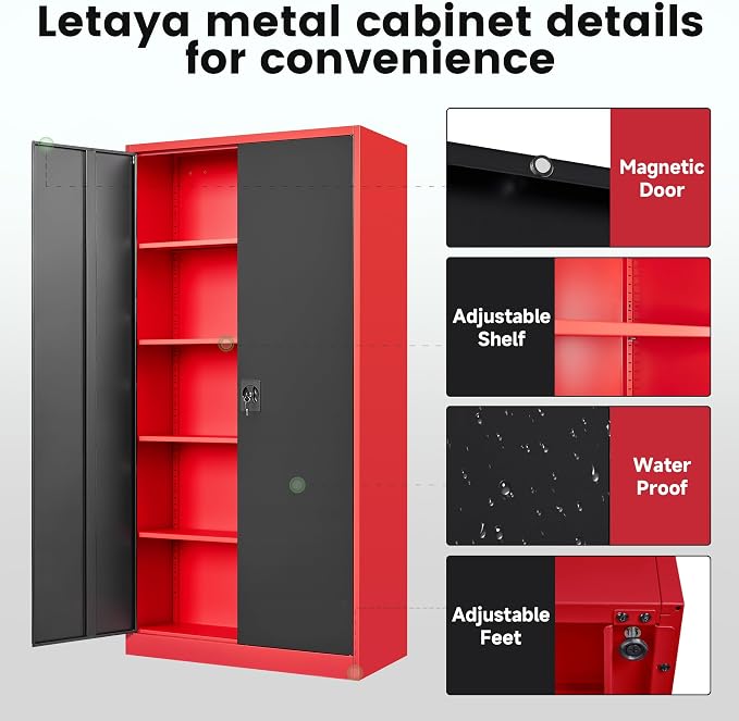 Letaya Metal Storage Cabinets with Lock, 71" Tall Locker Organizer Steel Cabinets, Adjustable Shelves 2 Doors for Home, Office, Warehouse,Garage,Industrial,Employee Lockers (Style B, Black Red)