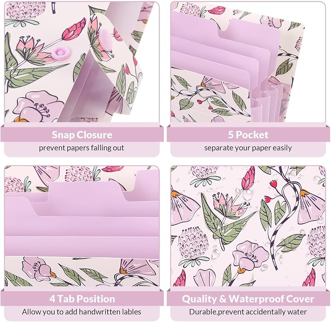 SKYDUE Accordion File Organizer, Floral Expanding File Folders with 5 Pockets, Cute Document Organizer for Paper Bills Receipt Storage, School Office & Hospital Supplies Letter/A4 Size Light Purple