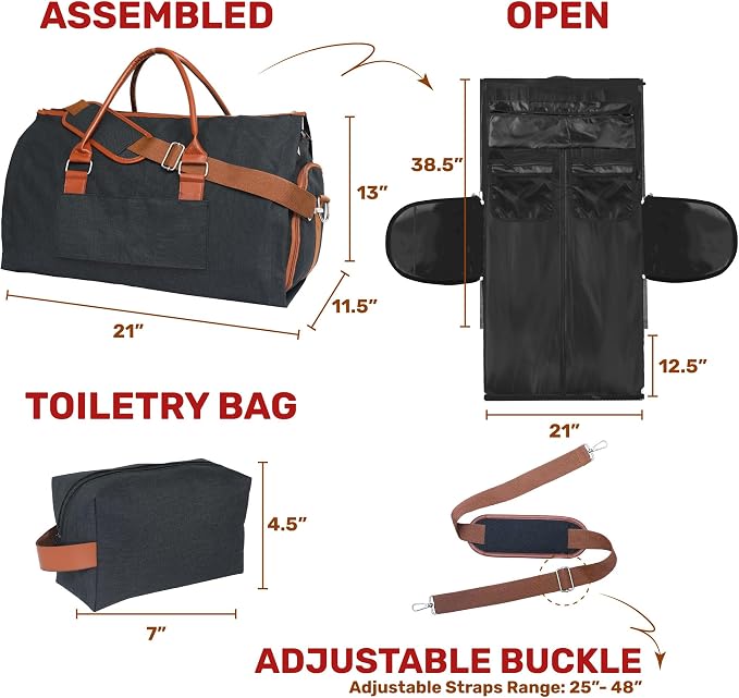 Convertible Garment Duffel Bag for Travel, Large Carry On Weekender Bag with Hanging Clothes Feature, Overnight Travel Duffle Bag for Women with Shoe Compartment (Black)