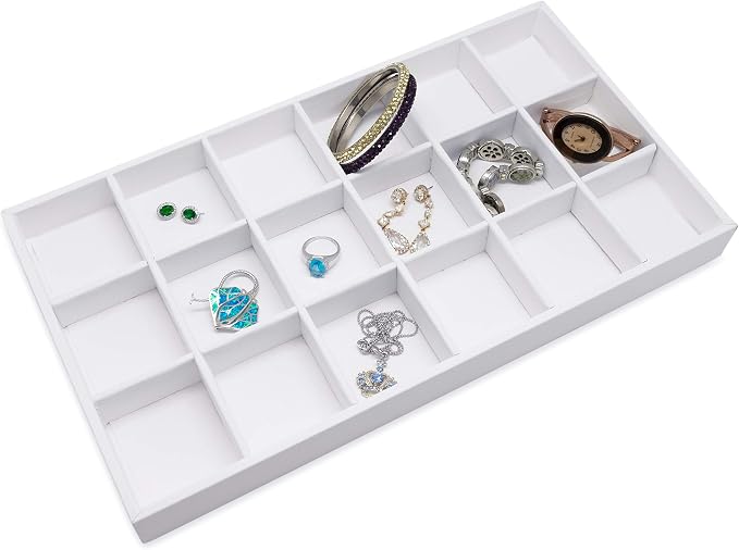 The Display Guys - Stackable Jewelry Tray and Organizer - for Drawers, Dressers, Store Display (18 Compartments, White Leatherette)