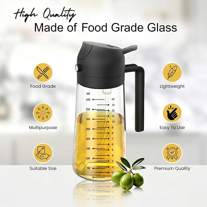 COOKENZA- 16oz/470ml Glass Olive Oil Sprayer for Cooking - 2 in 1 Oil Dispenser & Mister for Air Fryer, Salad & BBQ - Refillable, Food Grade - Black