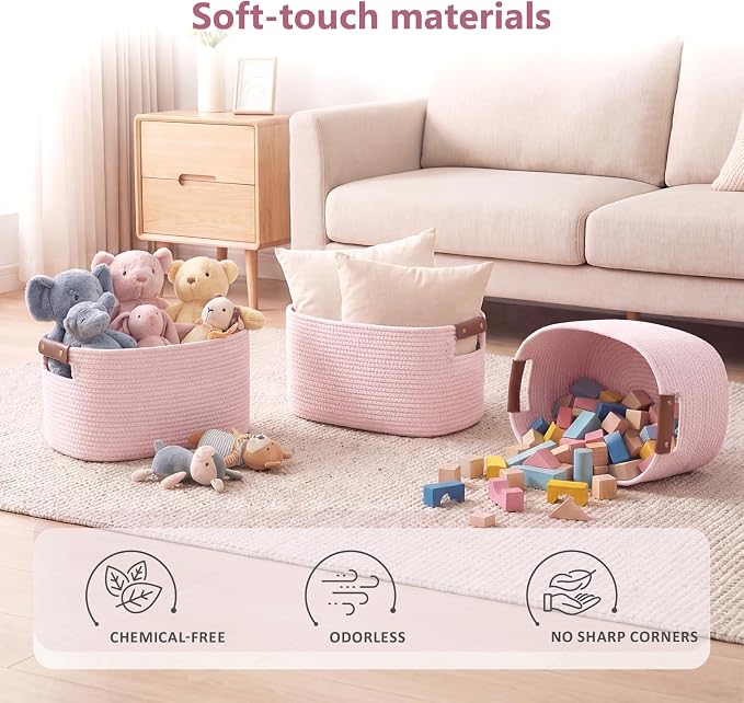 ECDYQXVU 15x10x9 Woven Cotton Rope Storage Basket, Leather Handles 3 Pack | Foldable Design, Sturdy PU Handles, Easy to Clean Organizer for Living Room, Closet, Shelves, Bedroom, Laundry, Clothes
