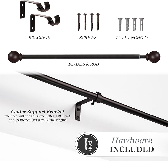Kenney – Chelsea Curtain Rod, Durable 5/8" Steel Rod with Decorative Ball Ends, Adjustable 48–86" for Light to Medium Weight Curtains, Weathered Brown