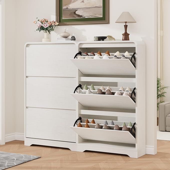Garvee Hidden Shoe Cabinet, White | 3 Flip Drawers, Freestanding, For Entryway, Hallway, Foyer, Modern Design, Small Space