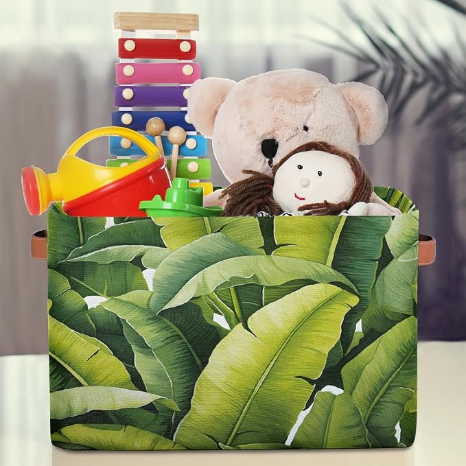 Cube Storage Bins for Shelves, Banana Leaf Collapsible Fabric Toys Storage Basket Box with Handles for Home Office Bedroom Closet