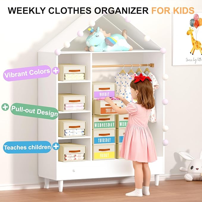 Stackable Storage Drawers - Pull Out Storage Bins with Drawers for Closet Clothes Organizers with Weekly Labels & Clear Window, Closet Shelf Storage for Bedroom, Living Room, 5 Pack, Beige