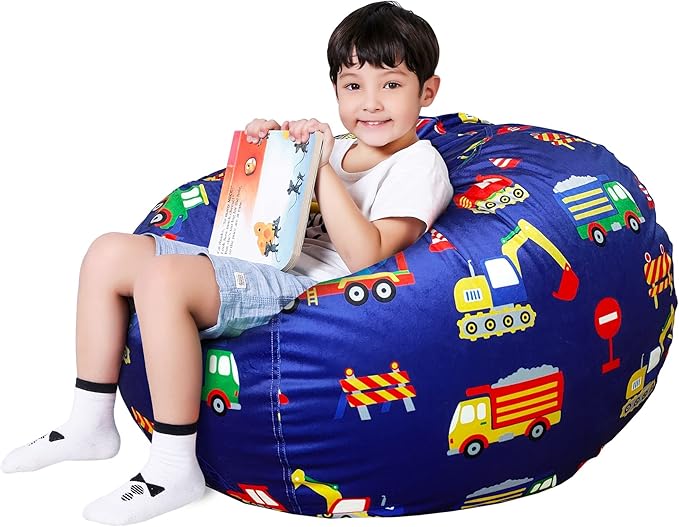 Lukeight Excavator Stuffed Animals Storage Bean Bag Chair Cover Only (Ships Empty, No Filling) - Velvet YKK Zipper Beanbag Cover for Toddlers Kids, Washable Plush Toy Organizer, Large 27" D x 16" H