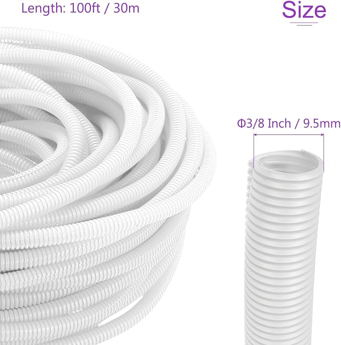 DMiotech 100ft Wire Loom Split Tubing 3/8 Inch(9.5mm) ID, Cord Protectors from Pet Flexible Conduit Cable Management for Office Home Garden, White
