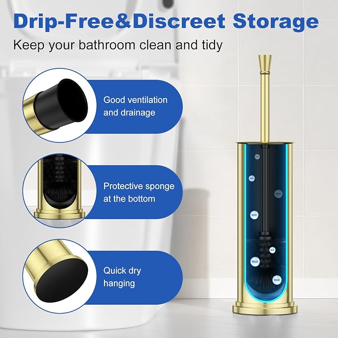 Toilet Brush and Holder Set：304 Stainless Steel Heavy Duty Toilet Bowl Brush，Removable Inner Bowl and Splash Protection，Bathroom Toilet Brush-Dense Bristles for Through Cleaning