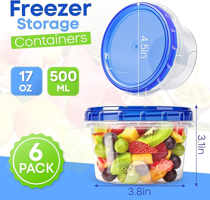 Freezer Storage Containers, 6 Pack-16 Oz Food Storage Containers with Twist Top Lids,BPA Free, Reusable, Meal Prep,Microwave and Dishwasher Safe