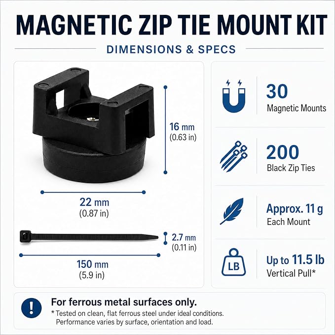 30 Pcs Magnetic Zip Tie Mounts with 200 Black Cable Ties, 22 mm Magnetic Cable Clips for Wire Management on Steel Cabinets, Racks and Ferrous Metal Surfaces
