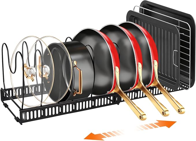 Pots and Pans Organizer for Under Cabinet, Expandable 11.81''-22.85'' Kitchen Organizer with 13 Adjustable Compartments, Pot Lid Pan Rack for Cabinet Drawer Countertop, Bakeware Cutting Board