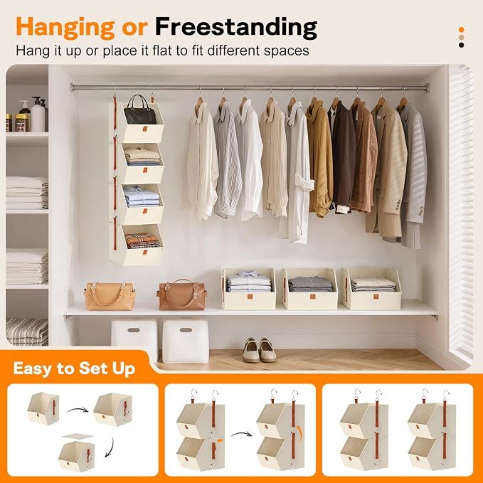 7 Tier Hanging Closet Organizer, Collapsible Fabric Hanging Shelves for Closet with Detachable Bins Space-Saving Hanging Clothes Organizer for Wardrobe, Laundry Room, Dorm, Rv, Beige