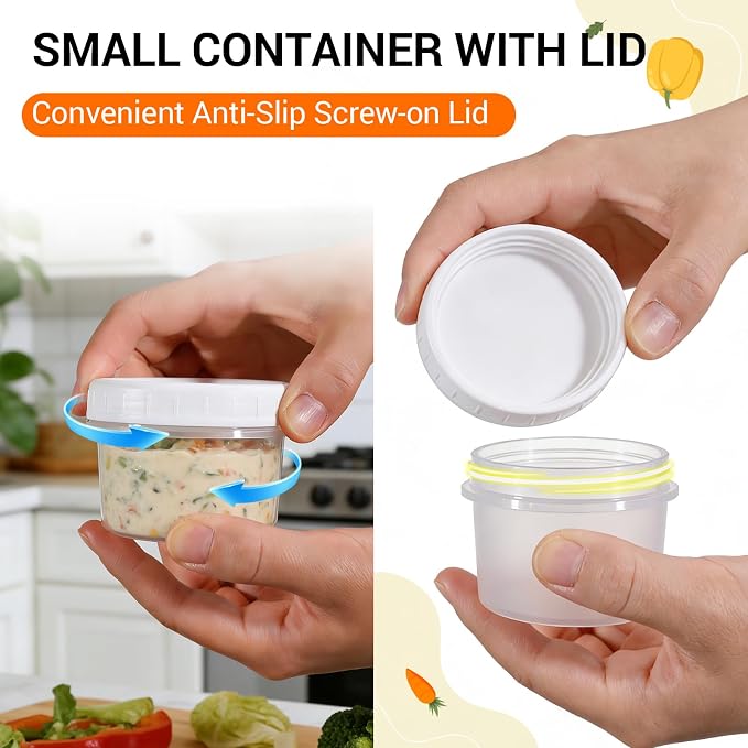 DEMORA 6 oz Small Plastic Containers with Twist on Lids [20 Sets], Stackable Little Food Storage Containers for Snack Lunch Meal Prep Salad Dressings, Freezer/Microwave/Dishwasher Safe, BPA Free