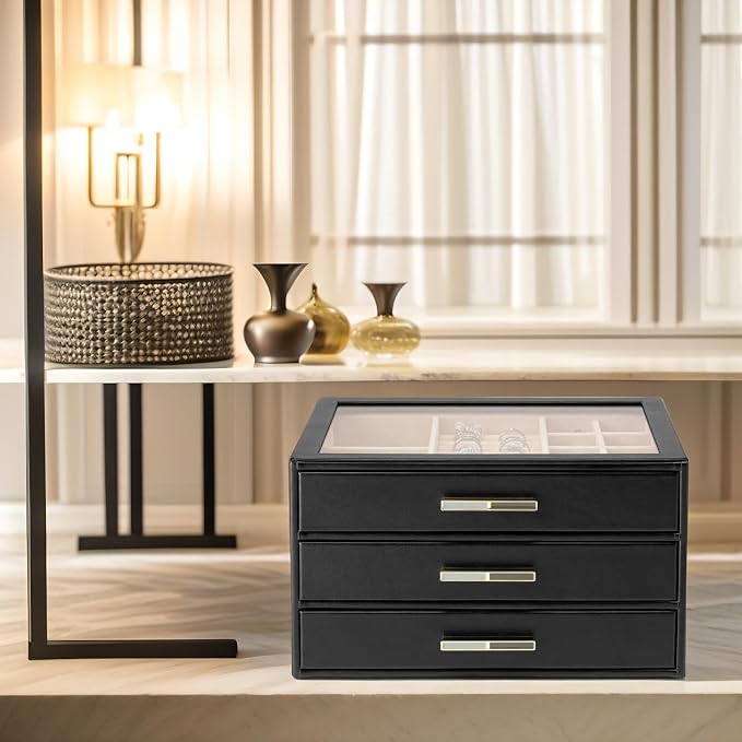VLANDO 3-Drawer Jewelry Box with Glass Lid, Faux Leather Organizer for Rings Earrings Necklaces and More, Gift-Ready Jewelry Case for Women Girls or Moms, Black