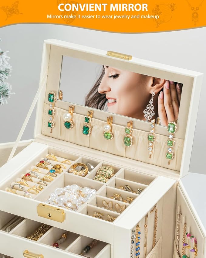 AKOZLIN Large 4-Tier Jewelry Box Leather Jewelry Storage Organizer with 3 Drawers Lockable for Women Girls Ring Necklace Earring Bracelet Watches Holder with Mirror White