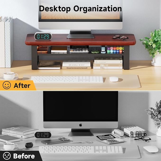 Monitor Stand Riser, 24 Inch Computer Monitor Stand for Desk, 2-Tier Wood Desk Shelf Organizer with Storage, Desktop Stand for Laptop/Screen/PC/Printer, Ergonomic Home Office Monitor Stand
