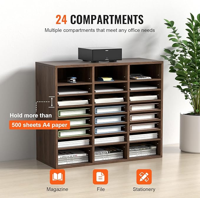 VEVOR 24 Compartments Office Mailbox, Adjustable Shelves, Wood Literature Sorter 29x12x24.4 inches – Ideal for Office, Home, Classroom, Mailrooms Organization – EPA Certified (Brown)
