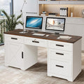 Grepatio 60" Farmhouse Executive Desk with Drawers, Wood Home Office Desk with Charging Station, Keyboard Tray, Computer Writing Desk with Filing Cabinet Drawers for Work Study, Antique White