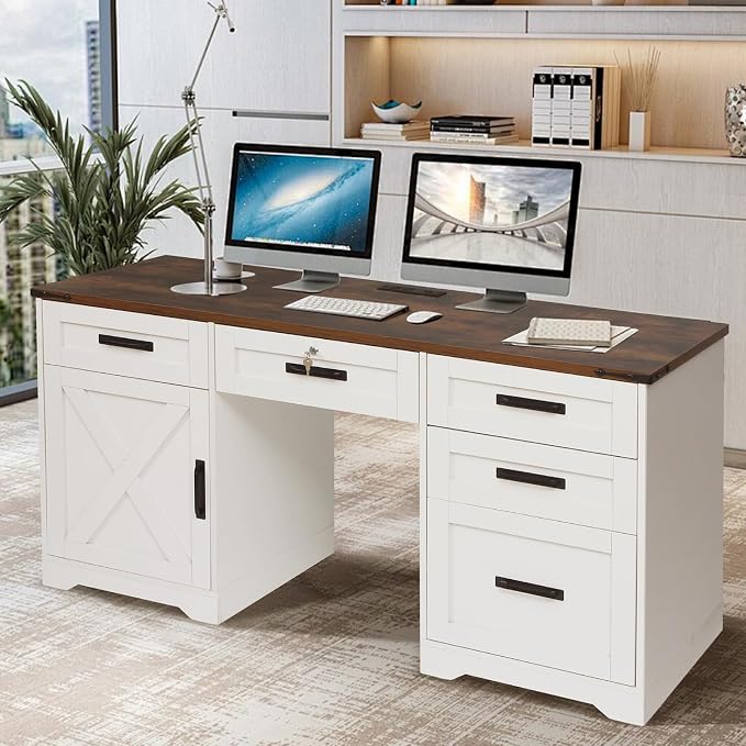 Grepatio 60" Farmhouse Executive Desk with Drawers, Wood Home Office Desk with Charging Station, Keyboard Tray, Computer Writing Desk with Filing Cabinet Drawers for Work Study, Antique White