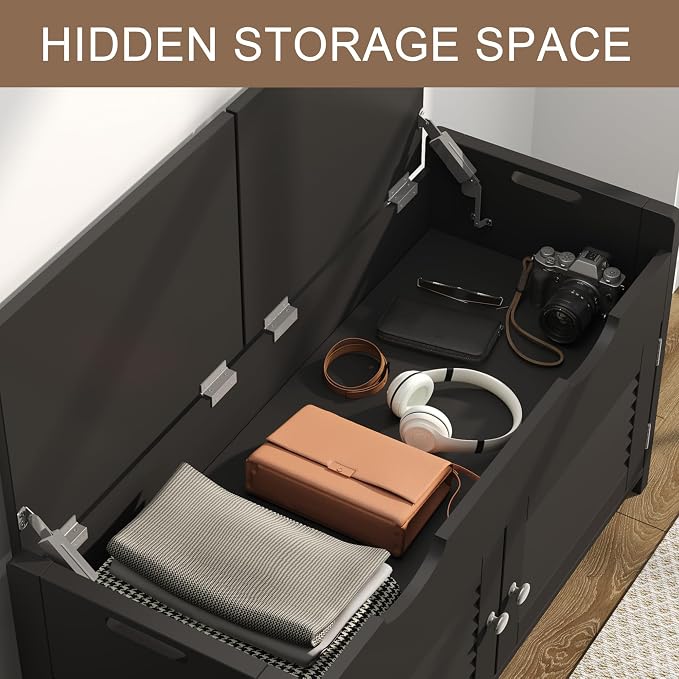ChooChoo Shoe Storage Bench with Lift Top Storage & Cushioned Seats | 29.5" Entryway Bench with 3 Compartments & Adjustable Shelf, for Entryway, Black