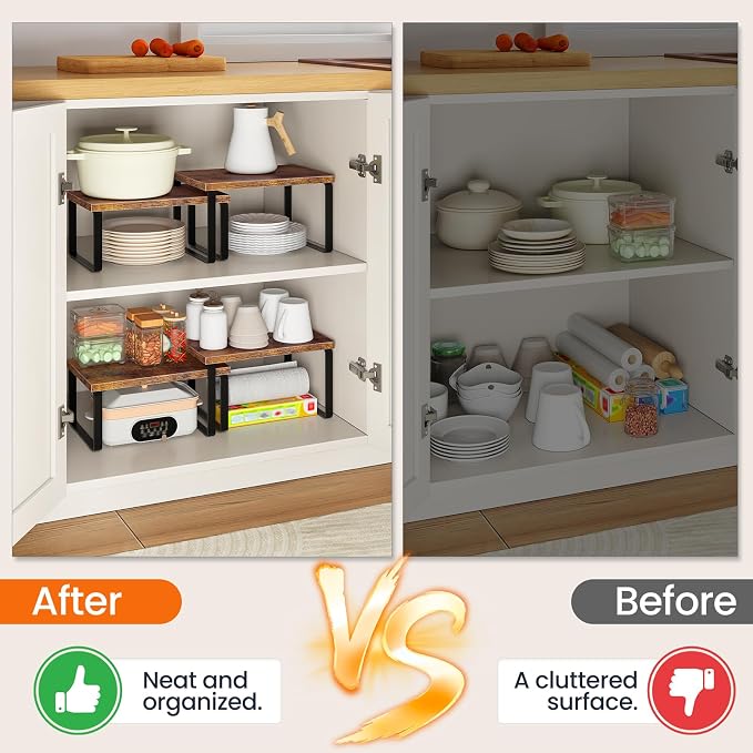 HOOBRO Cabinet Organizer Shelf, Set of 4, Kitchen Countertop Organizer, Kitchen Countertop Shelf, Spice Rack for Counter, Stackable, Expandable for Cabinet, Kitchen, Rustic Brown and Black BF33TLP201