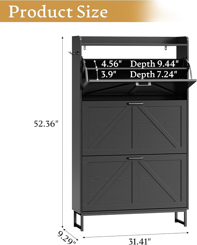 Wodeer Shoe Cabinet Storage for Entryway, Shoe Storage Cabinet with 3 Flip Drawers, Freestanding Narrow Shoe Rack Organizer with Metal Legs & Side Hook for Foyer, Hallway, Black