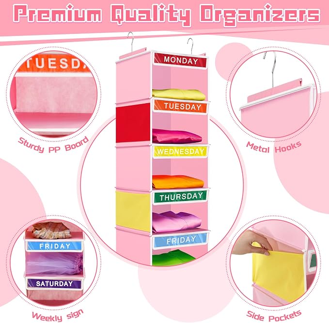 Amylove 2 Pcs 7 Shelf Weekly Clothes Organizer for Kids Hanging Closet Organizer 11. 8 x 11. 8 x 50 Inches Daily Activity Kids Clothes Storage Drawers Cube Drawers Closet Hanging Shelves(Pink)