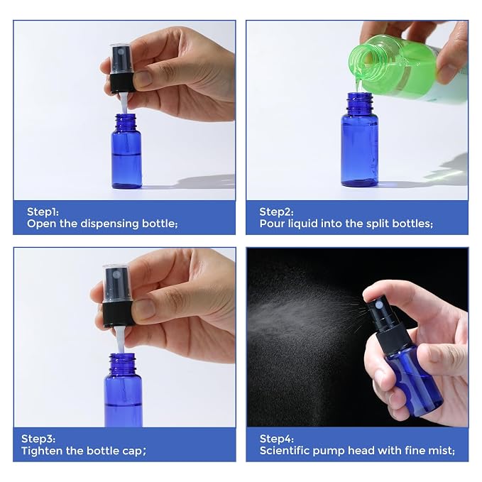 longway 15 PCS Spray Bottles, 0.5oz/15ml Blue Empty Fine Mist Spray Bottle Dispenser with Cap, Small Refillable Liquid Containers with 1pcs Funnel and 18pcs Labels