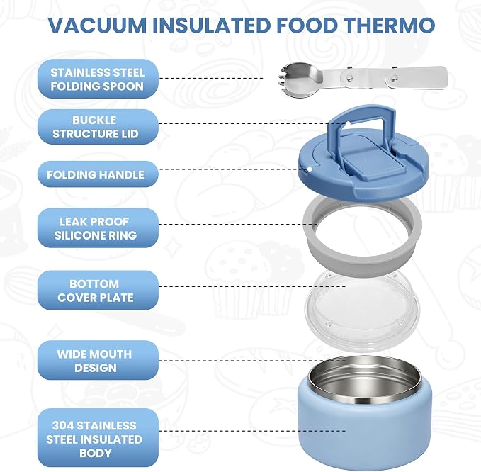 Itslife Soup Thermo for Hot Food Kids 25.5oz Lunch Containers with Buckle Lid Wide Mouth Hot Food Jar Vacuum Insulated Stainless Steel Bento Box Leakproof with Spoon (Blue3, 13.5oz)