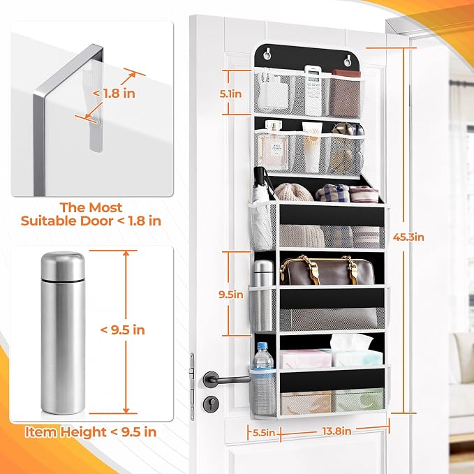 SpaceHacks 5-Tier Over the Door Organizer with Mesh Pockets, Baby Nursery Storage for Closet, Bathroom and Bedroom, Adjustable Hanging Closet Organizer for Cosmetics, Books and Essentials (Black)